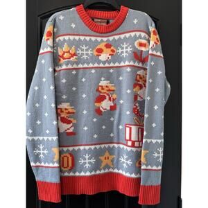 Super Nintendo Mario Bros Men’s Large Blue Sweater Ugly Christmas Snowflake